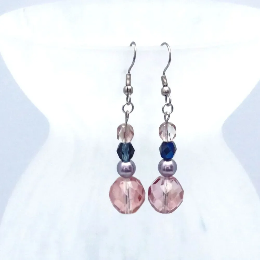 Dangle Earrings for Women, Crystal and Pearl Blue & Pink Handmade Drop Earrings